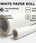 White paper roll with matte surface, multipurpose use, 24-inch width for inkjet printing.