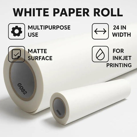 White paper roll with matte surface, multipurpose use, 24-inch width for inkjet printing.