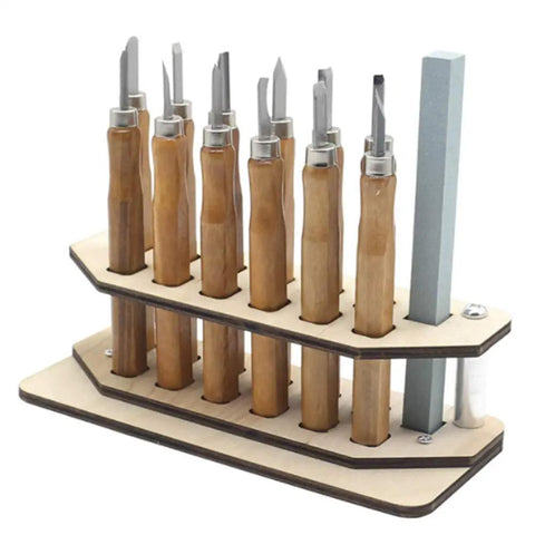 Wood Carving Chisel Kit For Beginners With 12 Piece Set And Storage Rack Pumpkin Carving Tools displayed on wooden rack