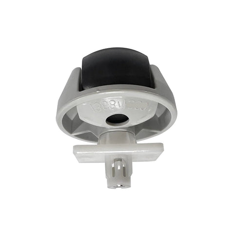 Front view of omni-directional caster wheel, white and black, gray housing with mounting stem