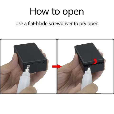 Hella Durable Abs Project Box 5 Pack Small Electrical Junction Enclosure For Pcb Projects And Hobby Builds No Hassle Snap Lid Dustproof Housing Quick Assembly 2 8 X 1 7 X 0 9 Inch Black with screwdriver demonstrating opening method.