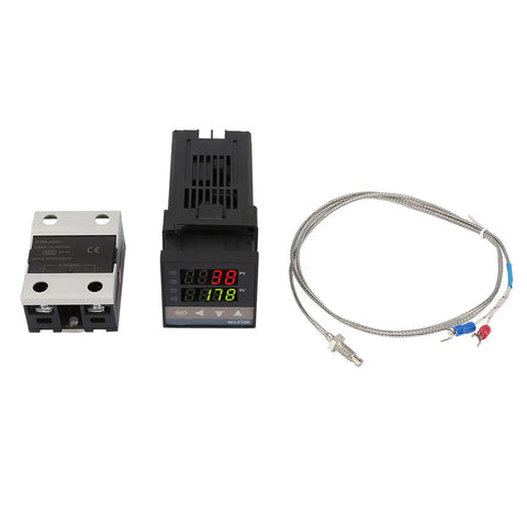 Industrial Digital Thermostat Kit With K Type Thermocouple Probe, SSR Included, Hardcore PID Temperature Controller For Heating Gear, Self-Tuning PID, 14-Bit Resolution, 0.5-Second Sampling, +-2C, shown with SSR and probe