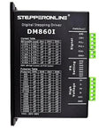 Front view of StepperOnline DM860I driver module; black metal enclosure with green terminal blocks