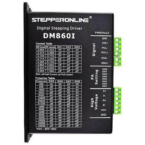 Front view of StepperOnline DM860I driver module; black metal enclosure with green terminal blocks
