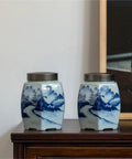 Classic Blue And White Ceramic Tea Jar Big Boy Airtight Loose Tea Storage Caddy For Kitchen Pantry Organization displayed on table.