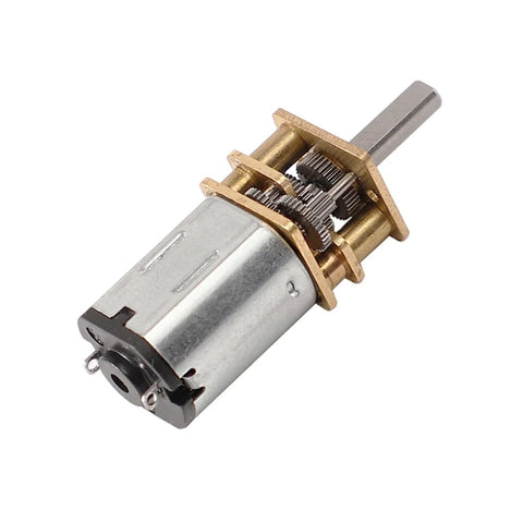 Close-up of GA12-N20 DC gear reducer motor with brass gears and metal shaft