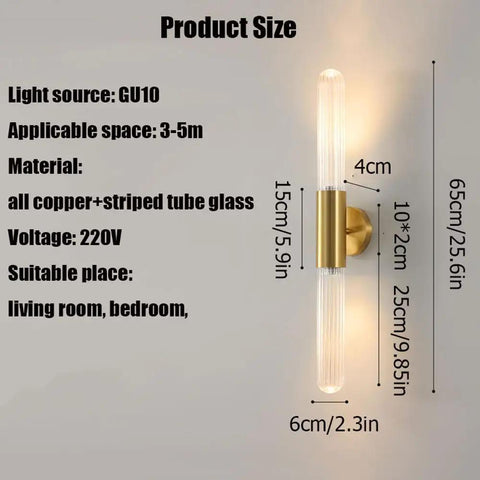 Wall Sconce Lights Indoor Bedroom Hallway GU10 2- Modern Long Brushed Middle Ages Brass Linear Clear Glass Copper Mount Lamp for Bedside Study Children's Room Bathroom size 6cm x 65cm