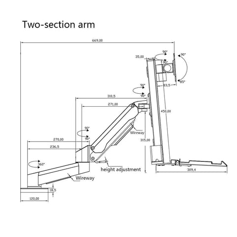 Two-section arm technical drawing for heavy duty dual monitor gas spring arm featuring height adjustment measurements.