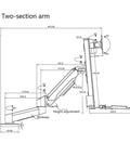 Technical drawing of Killer Dual Monitor Arm Desk Mount Featuring Smooth Gas Spring Height Control And Full Tilt Swivel for 15 to 32 inch monitors.