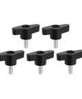Image of five Beefy Black Z Type Thumb Screws 5 Pack M6 x 15mm Plastic Head T Shaped Wing Knobs for Mechanical Assemblies.