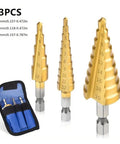 Titanium Coated HSS Step Drill Bit Set For Wood And Metal Pro Grade Durable Multi Size Bits For Precise Holes And Fast Drilling Built To Last With Sharp Edges For DIY Fans And Pros, three bits with blue case