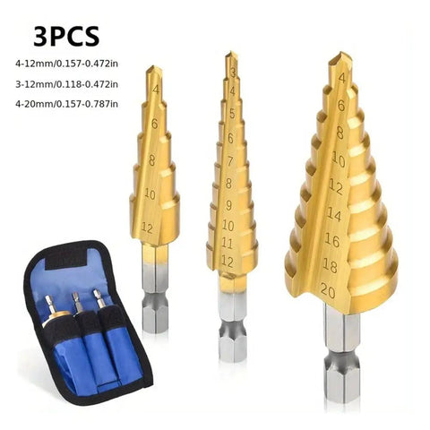 Titanium Coated HSS Step Drill Bit Set For Wood And Metal Pro Grade Durable Multi Size Bits For Precise Holes And Fast Drilling Built To Last With Sharp Edges For DIY Fans And Pros, three bits with blue case