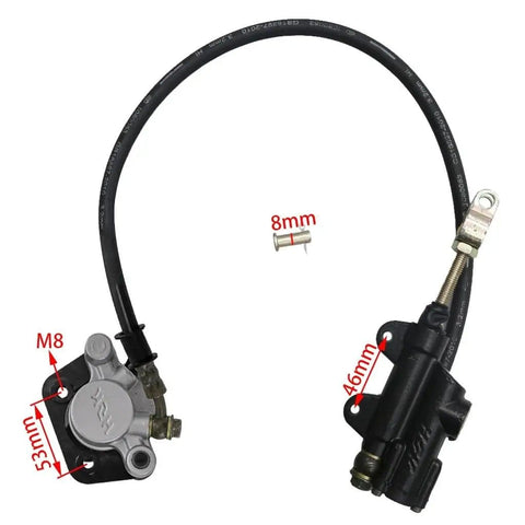 One Inch Go Kart Live Axle Kit brake master cylinder with hydraulic hose, 53mm and 46mm dimensions, labeled components