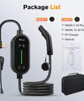 Plug And Play Portable EV Charger Level 1 And 2 With 21 Foot Cable Nema 14 50P Nacs Connector For Tesla Models 3 Y S X showing package list contents.