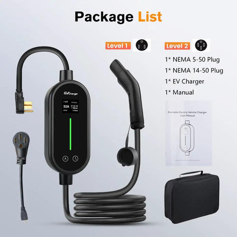 Plug And Play Portable EV Charger Level 1 And 2 With 21 Foot Cable Nema 14 50P Nacs Connector For Tesla Models 3 Y S X showing package list contents.