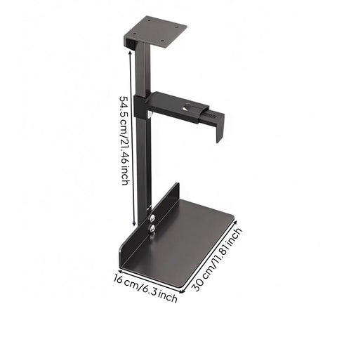 Rock Solid Under Desk Pc Mount Heavy Duty Steel Bracket shows dimensions, securely cradles your tower case to save floor space.