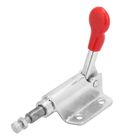 Front view of Industrial-Grade Galvanized Iron Toggle Clamp With 10mm Range And 60kg Clamping Force, featuring red handle.