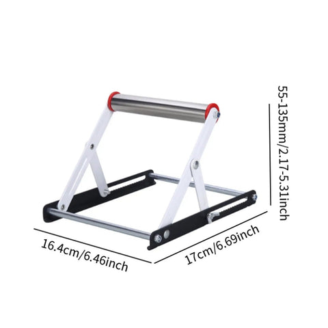 Tough As Nails Adjustable Cutting Machine Support Stand Made From Heavy Duty Stainless Steel With Foldable Table Saw Extension And Sturdy Material Holding Rack For No Sweat Job Site Prep dimensions 55-135mm height and 16.4cm width.