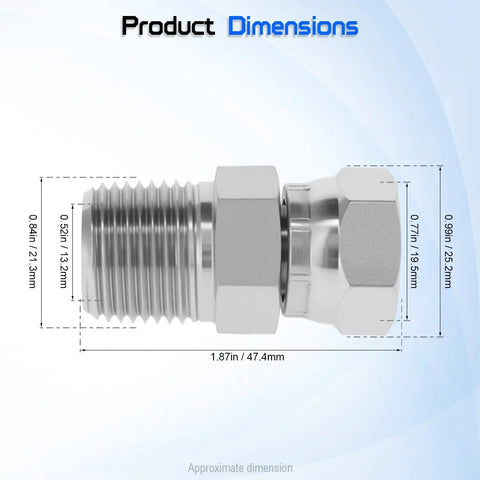 Product dimensions of Hydraulic Swivel Adapter One Half Inch NPTF Male To One Half Inch NPSM Female 360 Degree Swivel Fitting For Hydraulic Lines