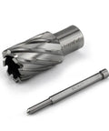 No Sweat Heavy Duty HSS Annular Cutter With A Killer Edge Delivering Dead Straight Precision And Clean Burr Free Holes For Rock Solid Metal Drilling Work Includes Pilot Pin Plus Plastic Case with pilot pin.