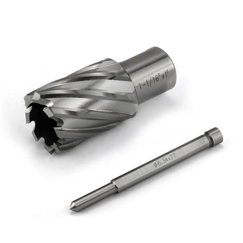 No Sweat Heavy Duty HSS Annular Cutter With A Killer Edge Delivering Dead Straight Precision And Clean Burr Free Holes For Rock Solid Metal Drilling Work Includes Pilot Pin Plus Plastic Case with pilot pin.