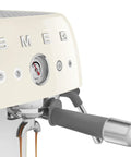 Close-up of Top Shelf Semi Automatic Espresso Machine With Built In Conical Burr Grinder Dual Thermoblock Heating Precision Controls.
