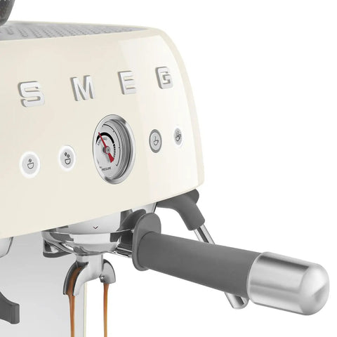 Close-up of Top Shelf Semi Automatic Espresso Machine With Built In Conical Burr Grinder Dual Thermoblock Heating Precision Controls.