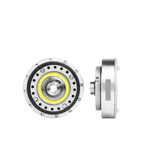 Front and side view of High Torque Strain Wave Gearbox HS 17 I Harmonic Drive SHF 17 I for precision positioning in robotics and automation.