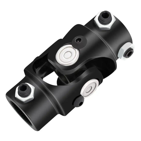 Beefed Up 13/16-36 Spline X 3/4 DD Universal Joint, 83mm Length (3-1/4 In), 40Cr Steel, High Strength U Joint For Steering, Up To 4000 RPM, 35 Degree Working Angle, Ideal For Off Road And Performance Vehicles. Black steel universal joint with spline and DD ends