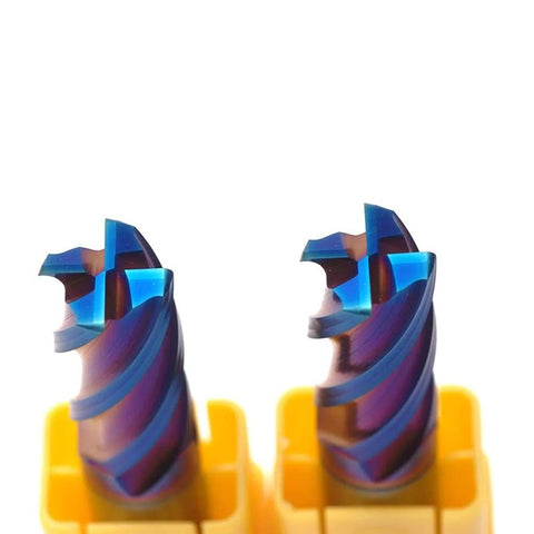 Two blue-purple coated 4-flute carbide end mills with yellow holders