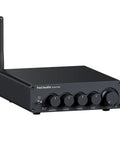 Side view of BT30D Pro Two Point One Channel Bluetooth Subwoofer Amplifier with TPA3255 Chips, showcasing control knobs and antenna.