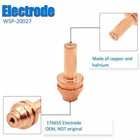 Close-up of 176655 copper and hafnium electrode from 20Pcs Plasma Torch Consumables Kit With 176656 Tips And 176655 Electrodes For Spectrum 375 Xtreme Cutters Fits ICE25C ICE27C ICE27T Welding Accessories Set Built For Tough Long Lasting Performance.