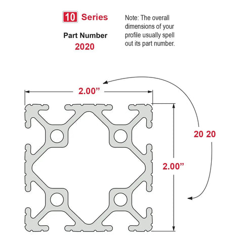 Ten Series 2x2 T-Slot Aluminum Extrusion For DIY Builders, 60 Inch Length, Clear Anodized Finish, 6063-T6 Strength, Eight Open Slots For Brackets, Plates And Accessories, Ideal For Linear Rails And Track Saw Guides, 2x2 profile diagram