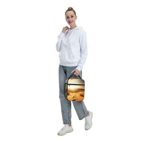 Person holding Golden Desert Bright Sunshine Insulated Lunch Bag with Detachable Handle for Women and Men, Leakproof Cooler Tote