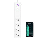 ZigBee Smart Power Strip Surge Protector With Four Independently Switched Outlets And Two USB Ports Requires Smart Hub For No Sweat Alexa And Google Voice Control In Clean White, showing outlets and app control.