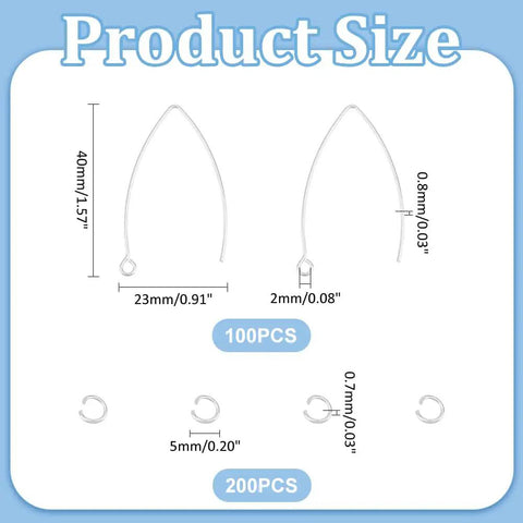 About 100 Pcs 316 Stainless Steel Earring Hooks 2mm V Shape Ear Wires With 200 Pcs Open Jump Rings For DIY Earring Jewelry