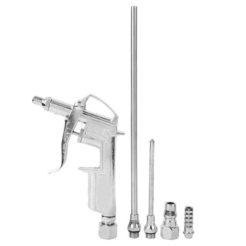 Pneumatic Air Blow Gun With Lightweight Aluminum Alloy Construction, Adjustable Nozzle For A Powerful Cleaning Air, shown with attachments.