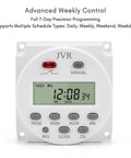 Front view of Programmable 12V Timer Switch with 16 Independent On Off Schedules, digital display for timing range from 1 minute to 7 days