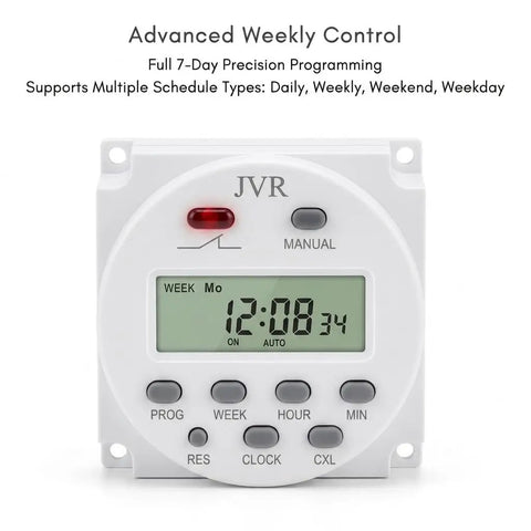 Front view of Programmable 12V Timer Switch with 16 Independent On Off Schedules, digital display for timing range from 1 minute to 7 days