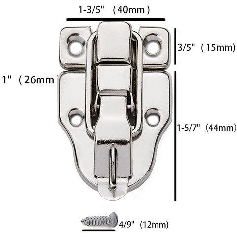 Close-up of Ten Pack Metal Duckbilled Box Latch Toggle Lock Hardware with dimensions and screw for wooden cases and tool boxes