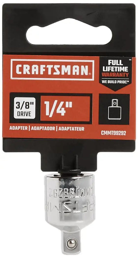 Three Eighths To One Quarter Socket Adapter For Three Eighths Drive, Female To Male, Chrome Finish, corrosion resistant, packaging.