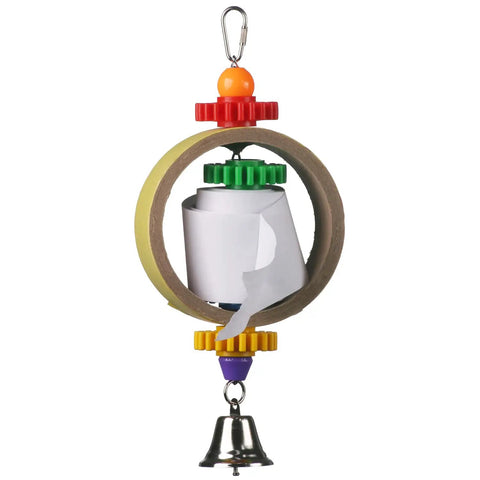 Tape Dispenser Bird Toy With Cardboard Bagel And Machine Paper, Chewable Shredding Components, Sensory Bell, Perfect For African Grey Parrots And Cockatoos, Large Bird Size 14x5 Inches, High Energy Mental Stimulation And Fun hanging bird toy with paper roll and bell