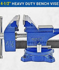 Home Workshop Vise With Four And A Half Inch Jaw Width And Three Inch Opening Swivel Base For Secure Grip Heavy Duty 30,000 PSI Gray Iron Construction Ideal For DIY Projects In The Shop Blue Finish