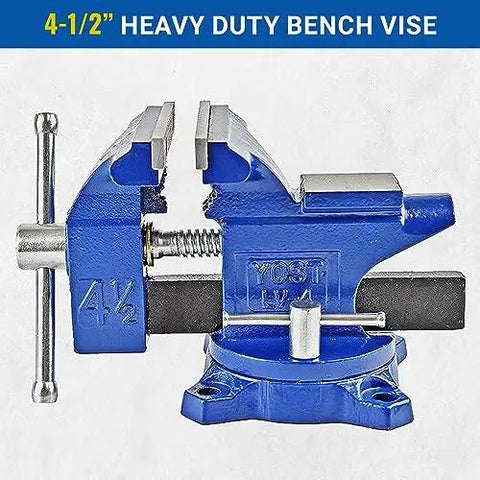Home Workshop Vise With Four And A Half Inch Jaw Width And Three Inch Opening Swivel Base For Secure Grip Heavy Duty 30,000 PSI Gray Iron Construction Ideal For DIY Projects In The Shop Blue Finish