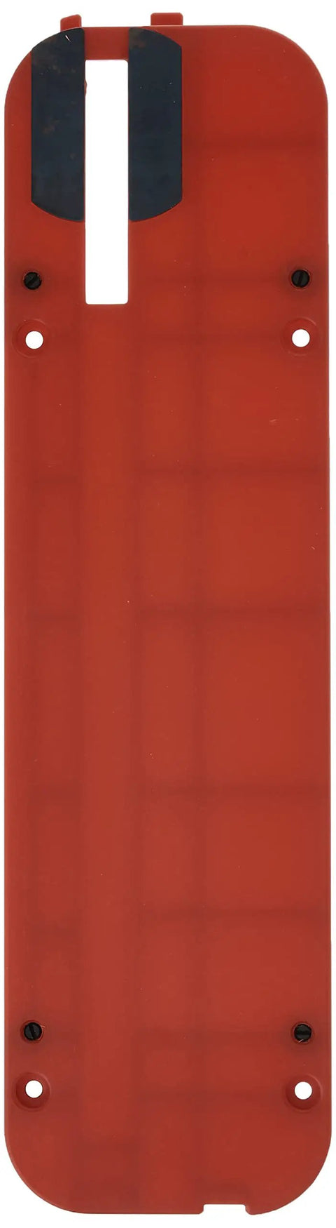 Hella Slick Zero Clearance Insert For Table Saws in red color with slot for cutting blades and mounting holes.