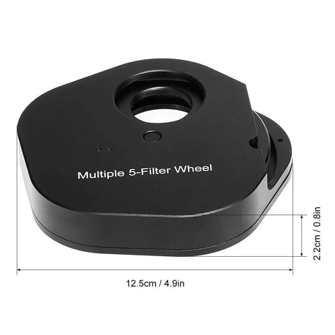 Close-up of black aluminum 5-Position Eyepiece Filter Wheel for Astronomy Telescopes, lightweight and durable with quick-change design.