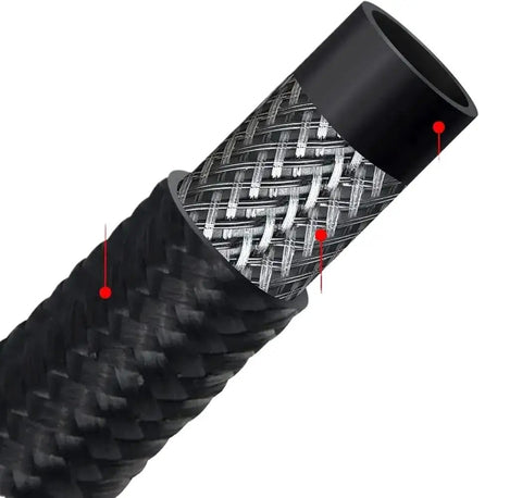 Pro 6AN To 3/8 Inch Fuel Line Hose Kit With Nylon Braided Steel Construction For Universal Car Install And Custom Builds Plus Extra Long 20 Foot Fuel Tubing Length, black braided hose close-up