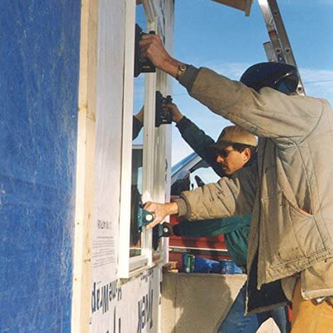 Workers using 9-Inch Metal Handle Suction Cup Lifter For Flat Surfaces, Heavy Duty 150 Lb Load Capacity on window installation