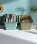 Six Pack Small Cubby Bins Set For Home Playroom And Classroom, Stackable Plastic Storage Bins In Boho Colors Smoke Blue and Tan