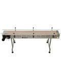 Heavy Duty 6 Foot Stainless Steel Conveyor Belt With Variable Speed Drive And 12 Inch Acetal Plastic Track For Fast Warehouse Moves, top view.